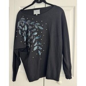 LIV Milano Sequined Leaf Sweater Women's Small Black Long Sleeve Pullover Winter
